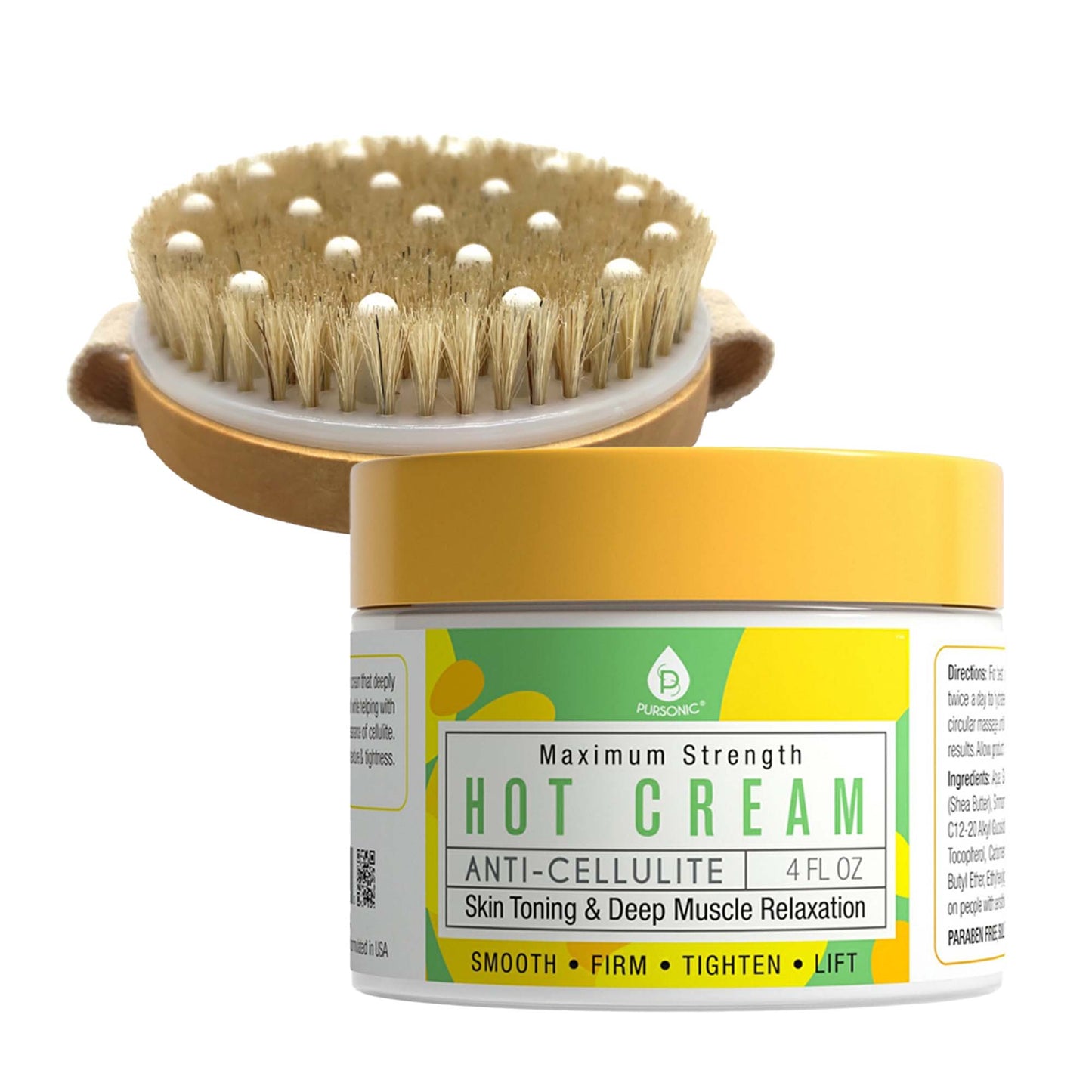 Hot cream jar with yellow lid and body scrub brush