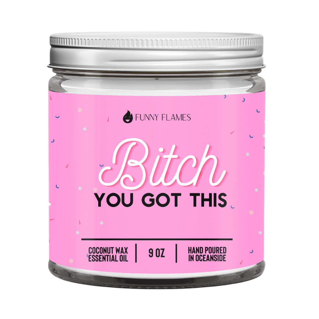 Jar of Funny Flames candle with pink label and text